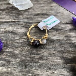 Super 7 Amethyst Moonstone Beaded Wire Wrapped Ring - size 7.5